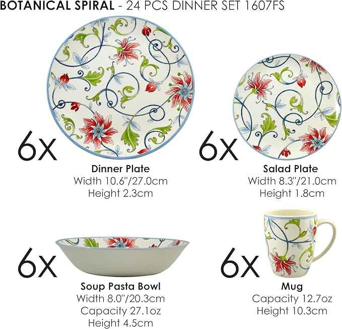 Tudor Royal Collection 24-Piece Round Dinnerware Set, Service for 6, Botanical Design, Summer Flowers, Plates Bowls Mugs Dishes, High-Gloss Premium Quality