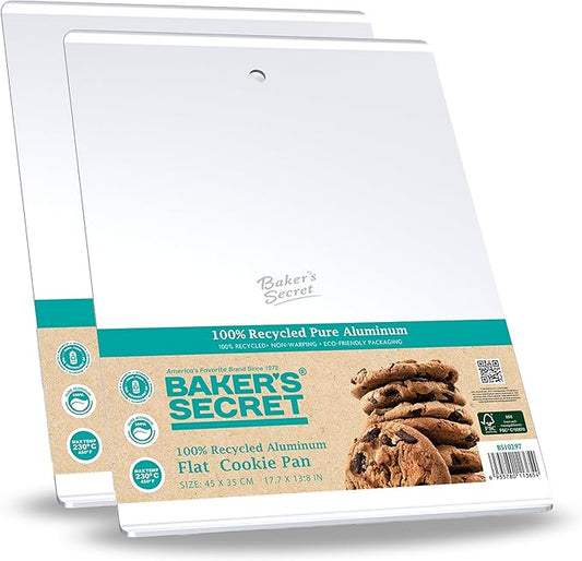 Baker's Secret 2pcs Large Flat Cookie Sheet 18" x 14" Aluminum Flat Baking Sheet, Extra Thick -2.7mm- 100% Recycled, Half Sheet with hanging hole - The Natural Aluminum Collection