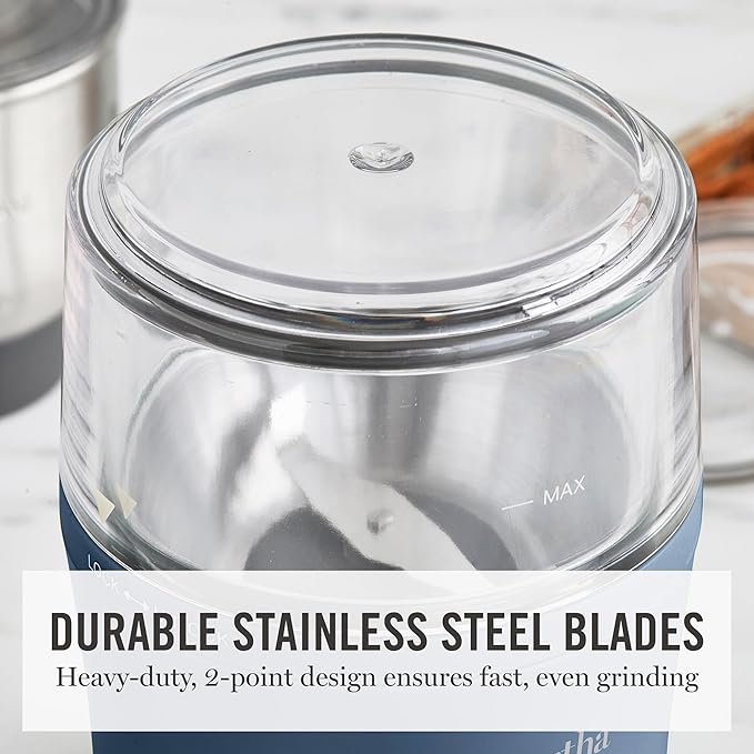 Martha Stewart Electric Coffee & Spice Grinder, Dual 2.5oz Removable Bowls, Storage Lids, Stainless Steel Blades, One Touch Pulse Control, 2-in-1 Compact, Beans & Spices, Herbs & Nuts, Indigo Blue