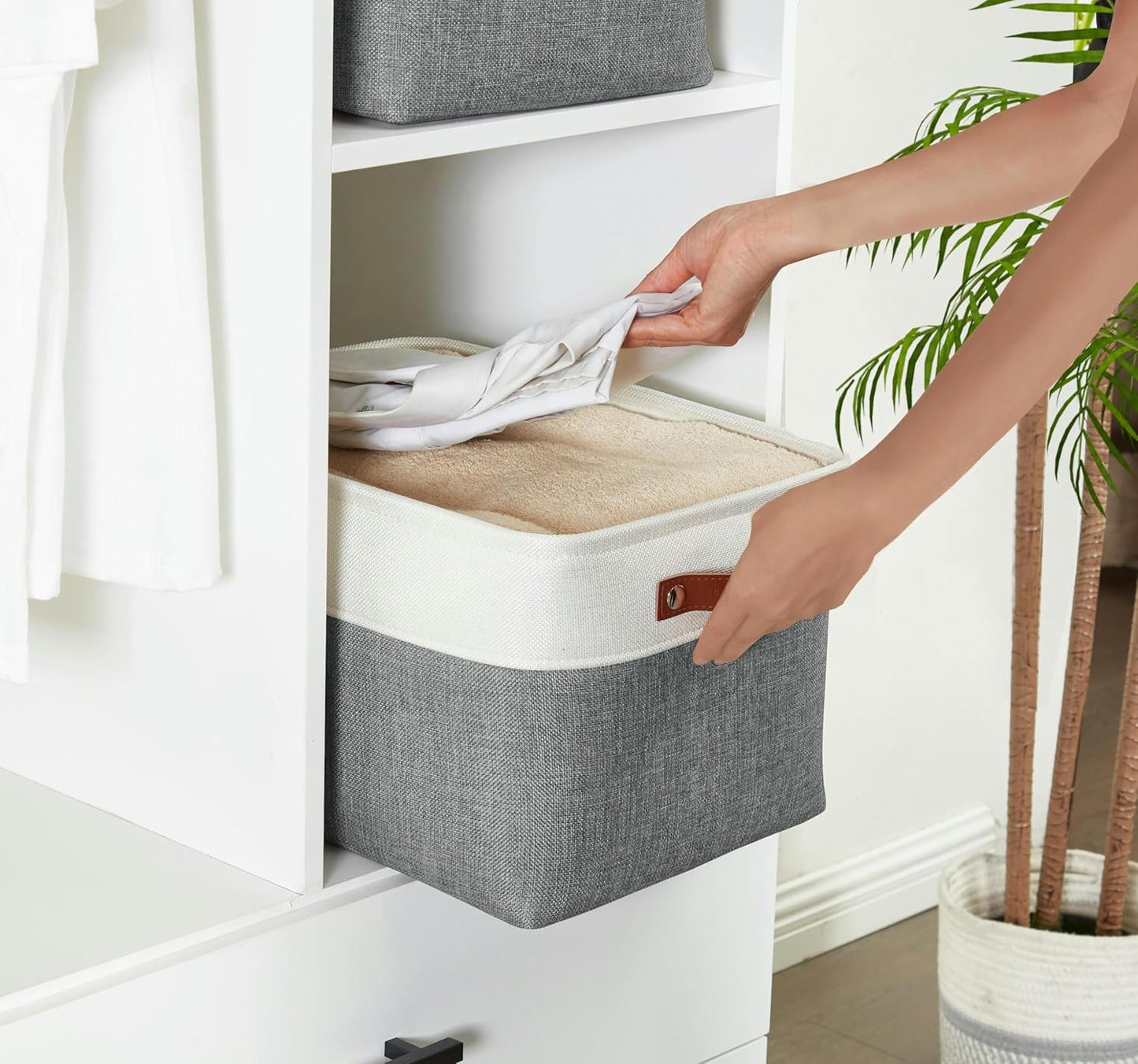 DECOMOMO Storage Baskets for Shelves - Fabric Storage Bins, Linen Closet Organizers and Storage (Slate Grey & White, Large - 3 Pack)