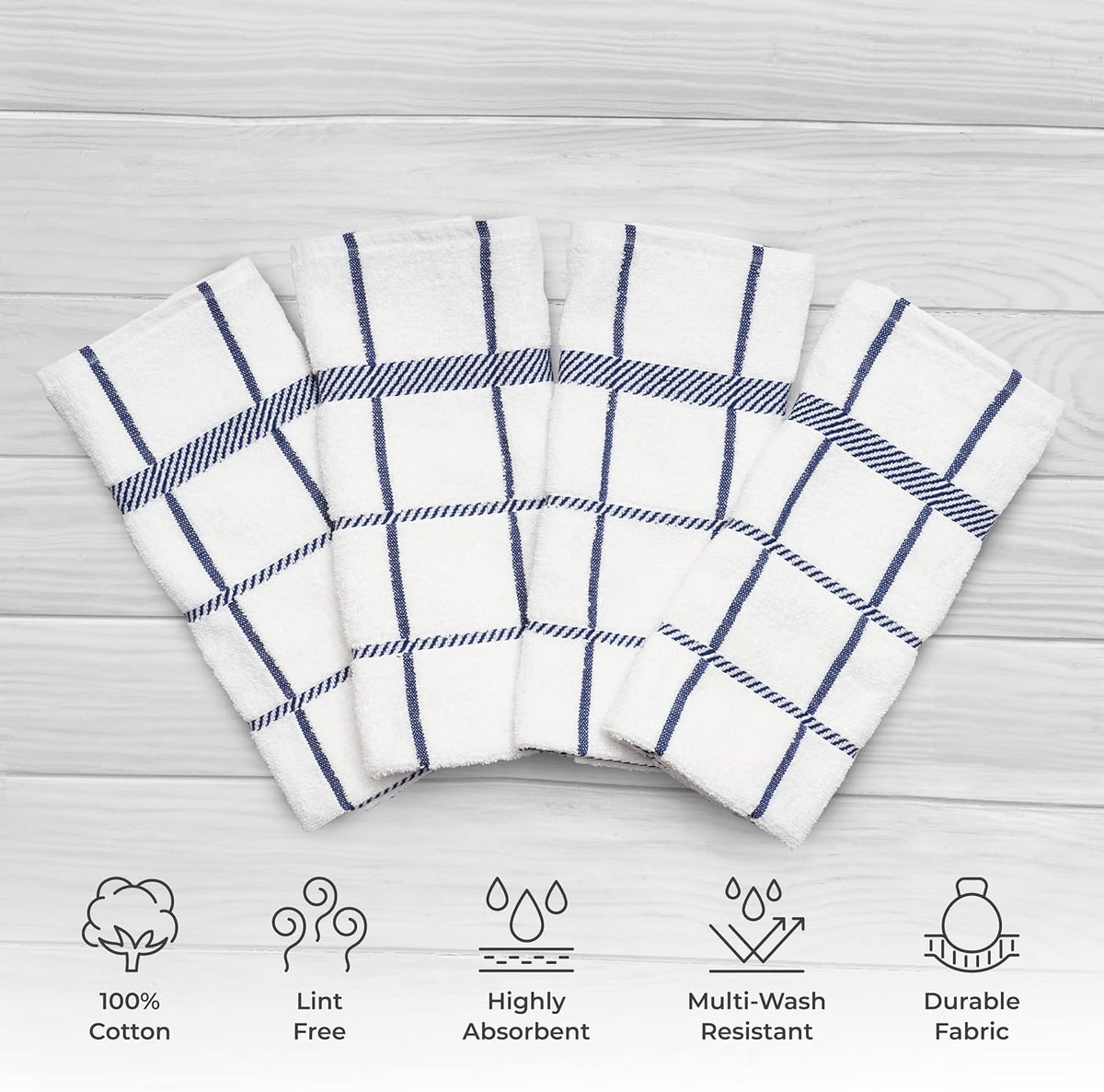100% Cotton Terry Dish Towels, 4 Pack Checks, 16 x26 Inches, Super Soft and Absorbent Kitchen Towels, Perfect for Kitchen Cleaning and Dish Washing | Navy Blue