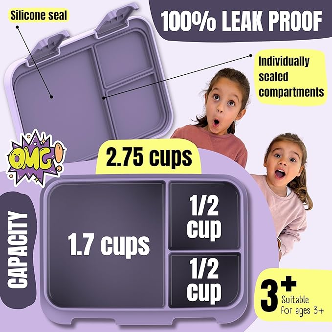 BEARFOOT Kids Lunch Box with Compartments – Compact & Lightweight | Leak-Proof, BPA-Free, Dishwasher & Microwave Safe | Hand-Drawn Design for Preschool, School, Travel (Purple, 2.75 Cups)