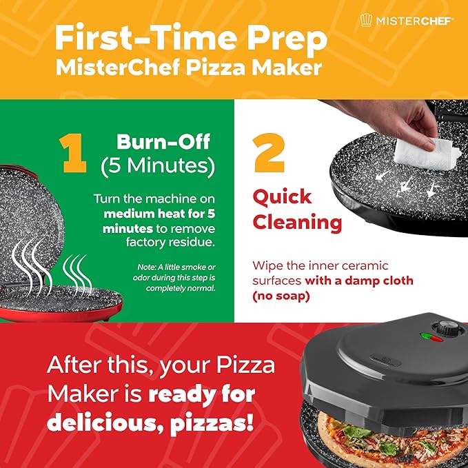 MisterChef Countertop Pizza Maker, 1450W Mini Pizza Oven, Pizza Maker Oven With 12″ Non-Stick Ceramic Plate, Indoor Electric Pizza Oven for Crepes, Pancakes - Black