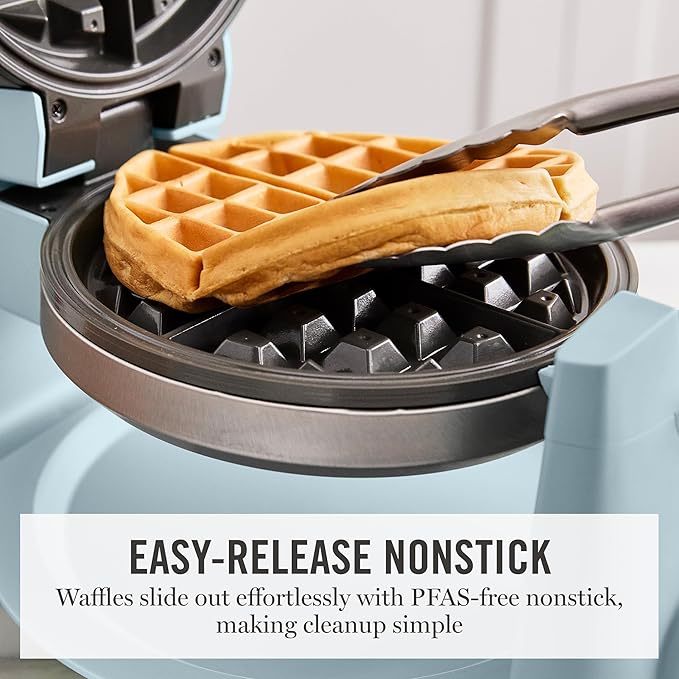 Martha Stewart Rotating Waffle Maker, 180° Flip Iron with PFAS-Free Nonstick Plates, Adjustable Timer, Ready Light, Drip Tray, Space Saving, Classic Round 7”, Easy to Clean, Stainless Steel, Sky Blue