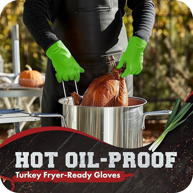 Kitchen perfection XL Silicone Smoker Oven Gloves-Extreme Heat Resistant BBQ Gloves-Handle Hot Food Right on Your Grill Fryer&Pit|Waterproof Grilling Cooking Baking Mitts|Superior Value Set+3 Bonuses