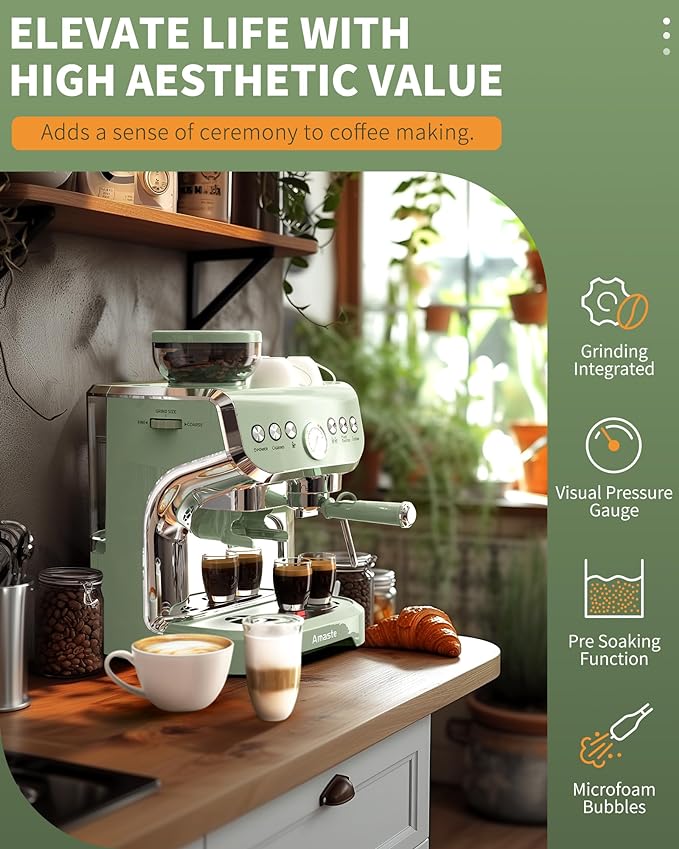 Amaste Espresso Machine with Grinder, 15 Bar Espresso Machine with Steam Wand for Latte and Cappuccino, 68Oz Water Tank, Pre-Infuse Brewing, Espresso Coffee Maker for Home Use, Barista Kit, Green