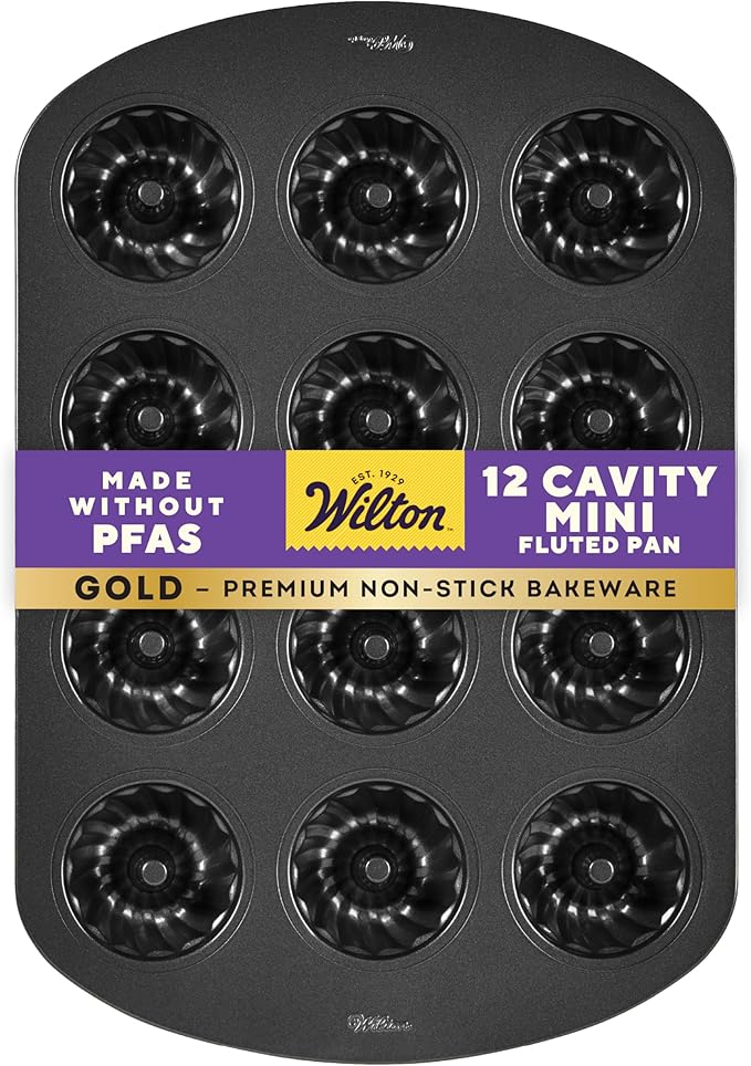 Wilton Gold Non-Stick Bakeware Mini Fluted Pan - Baking Pan for Mini Bundt Cakes, Donuts & More - Made Without PFAS & Scratch Resistant - Offers Even Heat Distribution - 16.5 x 11 Inch, 12-Cavity