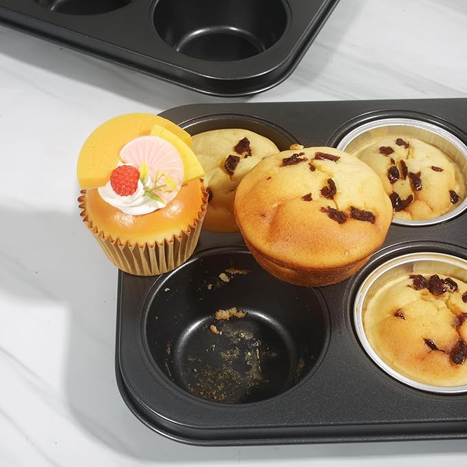 Non-Stick Jumbo Muffin Pans, 6-Cup Set of 2 Baking Pans with a Spatula for Extra-large Muffins & Cupcakes