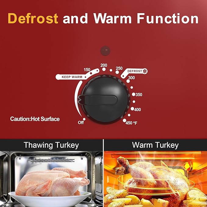 26 Quart Electric Roaster Oven with Visible & Self-Basting Lid, Large Turkey Roaster with Defrost Warm Function, Adjustable Temperature, Removable Pan Rack, Stainless Steel, Red