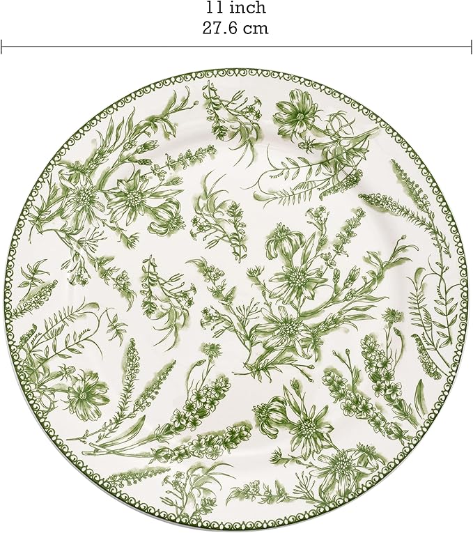 Bico Green Garden Toile De Jouy Dinner Plates Set of 4, 11 Inch Large Ceramic Plates for Pasta, Steak, Stylish Serving Dishes, Microwave and Dishwasher Safe, Gift for Housewarming and Thanksgiving