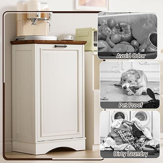AHB 13 Gallons Tilt Out Trash Cabinet Hidden Kitchen Trash Can Cabinet Freestanding Recycling Cabinet with Deodorizing Function Pet Proof Trash Can Holder for Kitchen Living Room, Antique White