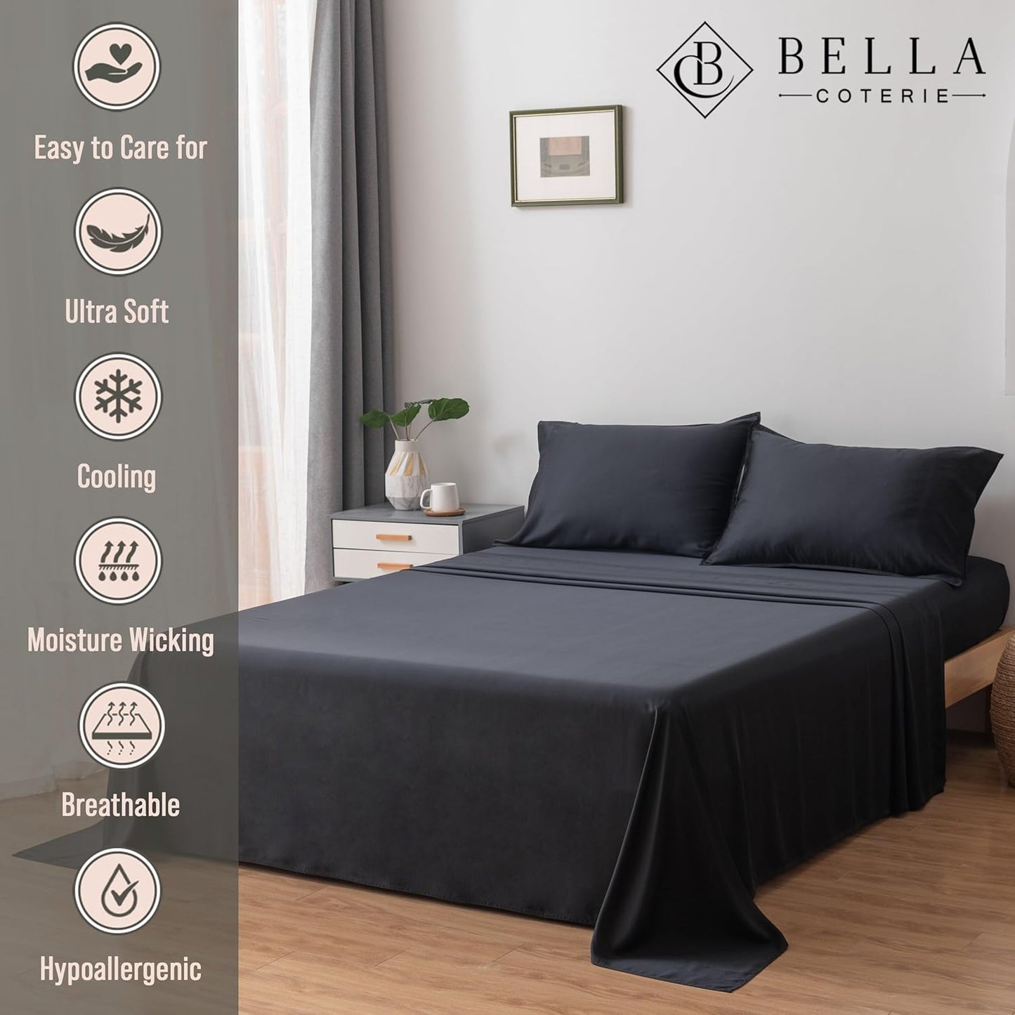 Bella Coterie Luxury Bamboo Viscose Queen Size Sheet Set | 100% Organically Grown | Ultra Soft | Cooling for Hot Sleepers | 18" Deep Pocket [Black]