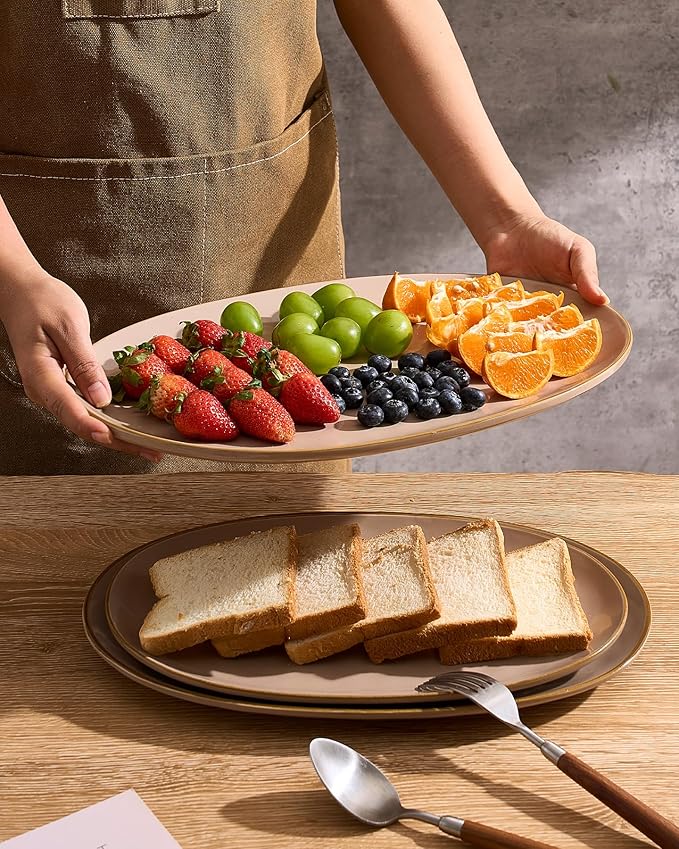 famiware Serving Platter, Oval 15.59/14.3/12.9 inch Serving Dishes for Entertaining, Serving Bowls, Microwave Safe, Stonware Serving Trays for Party, Turkey, Cheese, Ocean Series, Cinnamon Brown