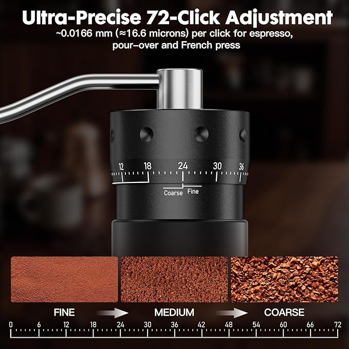 COOL KNIGHT Manual Coffee Grinder, 7-Edge SUS420 Stainless Steel Conical Burr, 72-Click External Adjustment, 25g Capacity, Aluminum Body, Walnut Handle, Magnetic Catch Cup for Espresso & Pour Over