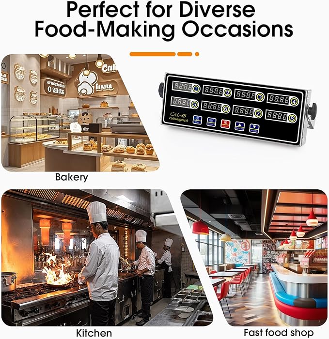 8-Channel Kitchen Timers for Cooking, Commercial Digital Timer with Independent Countdown Timers, Adjustable Volume, Stainless Steel Cooking Timer for Food Fryer, Restaurants, Baking