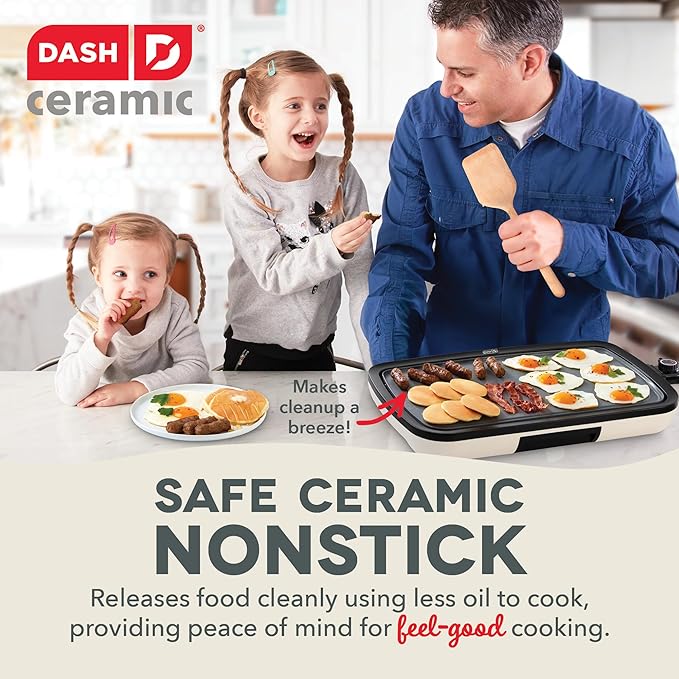 Dash Everyday Ceramic Electric Griddle - Includes Adjustable Temperature, Large Cooking Surface, and Removable Drip Tray For Pancakes, Burgers, and Breakfast - Cream
