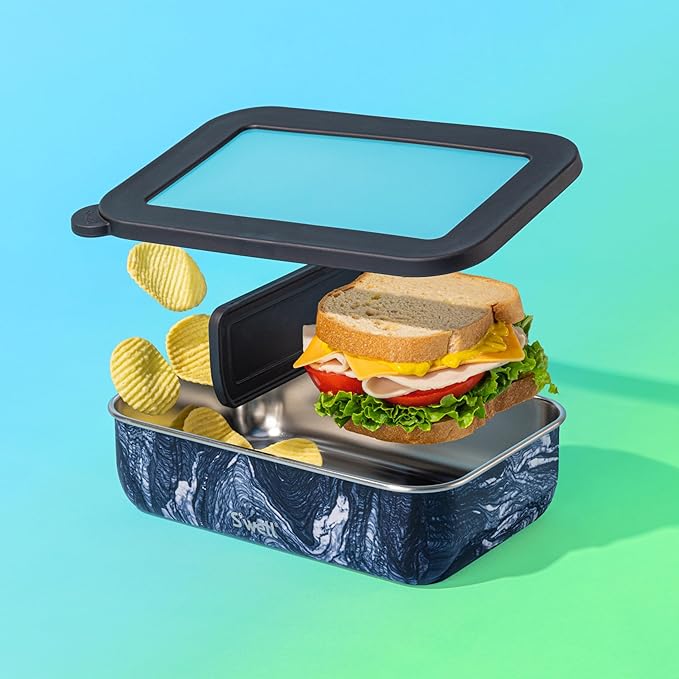 S'well Stainless Steel Bento Box, Azurite Marble, Fits One Large Entree Or Small Entree And Snack, Includes Removable Divider, Leakproof, Easy to Clean, Dishwasher Safe