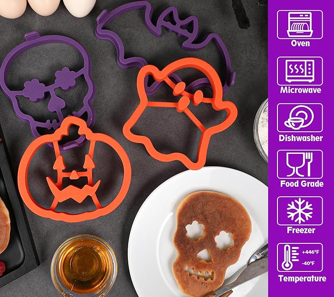 Kamehame Halloween Silicone Pancake Molds for Skull, Ghost, Bat and Pumpkin Shape Pancakes, 4 Pack Nonstick Pancake Shaper for kids, Fun Halloween Cake Ring Mold for Griddle Cooking