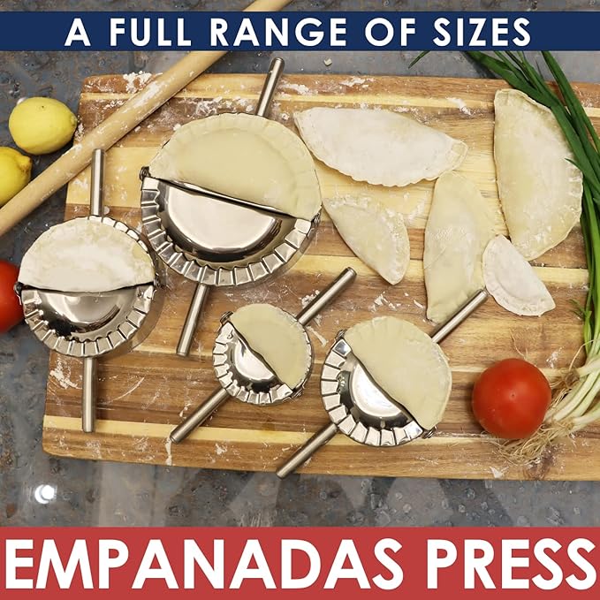 KAYCROWN Empanada Maker Press, Stainless Steel Dumpling Maker Set, 2-in-1 Dough Cutter Dumpling Mold Set for Ravioli, Pierogi, Turnovers, Calzone, Dumpling, 4 Sizes (XL/6"+L/4.75"+M/4"+S/3.25")