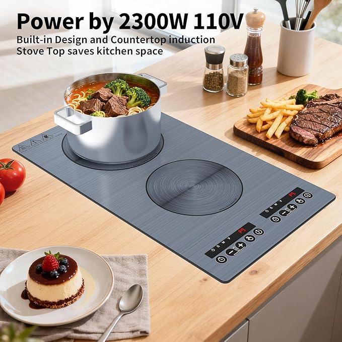 VBGK induction cooktop,110V 2300W double burner hot plate with LED touch control, 9 Power Levels, Kids Lock & Timer, Overheat Protection,2 burner induction cooktop
