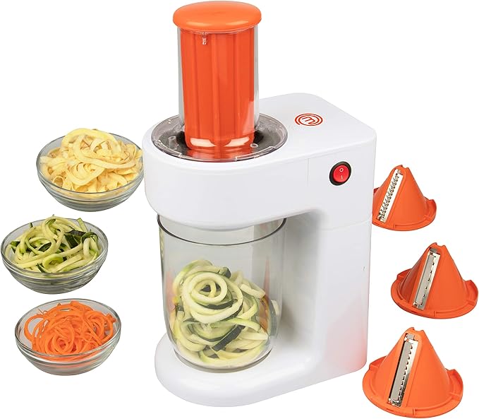 MasterChef Electric Spiralizer- 3-in-1 Vegetable Noodle Pasta Maker- Homemade Low Carb, Keto, Vegan, Gluten Free- Zoodle Zucchini Veggie Slicer & XL Hopper, FREE Recipes- Quick Healthy Meal Prep Gift