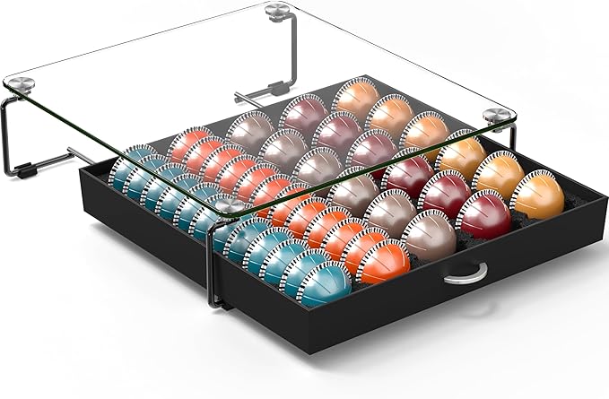 Deco Brothers Crystal Tempered Glass Vertuo Pod Holder Drawer, 30 Large or 60 Small Nespresso Capsule Organizer, Black
