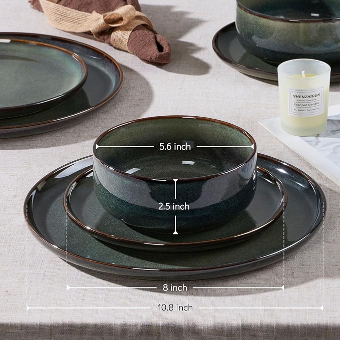 E-far Dinnerware Sets for 4, 12-Piece Stoneware Plates and Bowls Set, Ceramic Dishes Reactive Glaze Dinning Ware, Microwave & Dishwasher Safe - Obsidian Green