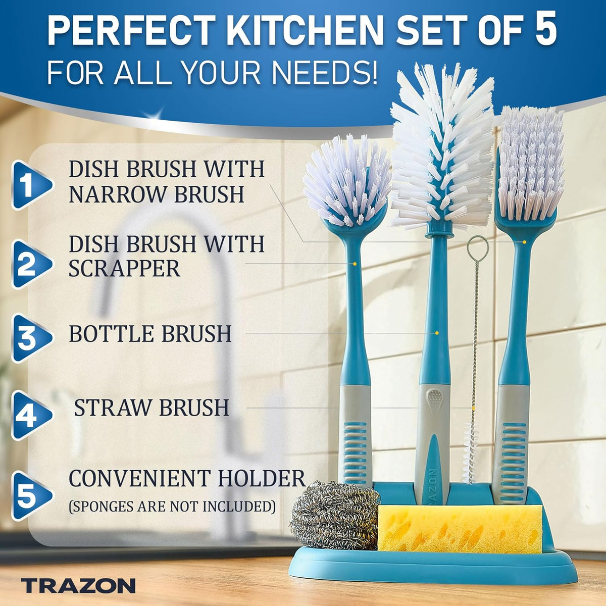 Dish Brush Set of 5 with Convenient Holder, Bottle Water Brush, Dish Scrub Brush, Scrubber Brush and Straw Brush - Kitchen Scrub Brushes Non Slip Long Handle for Sink Dishes Cup Pot