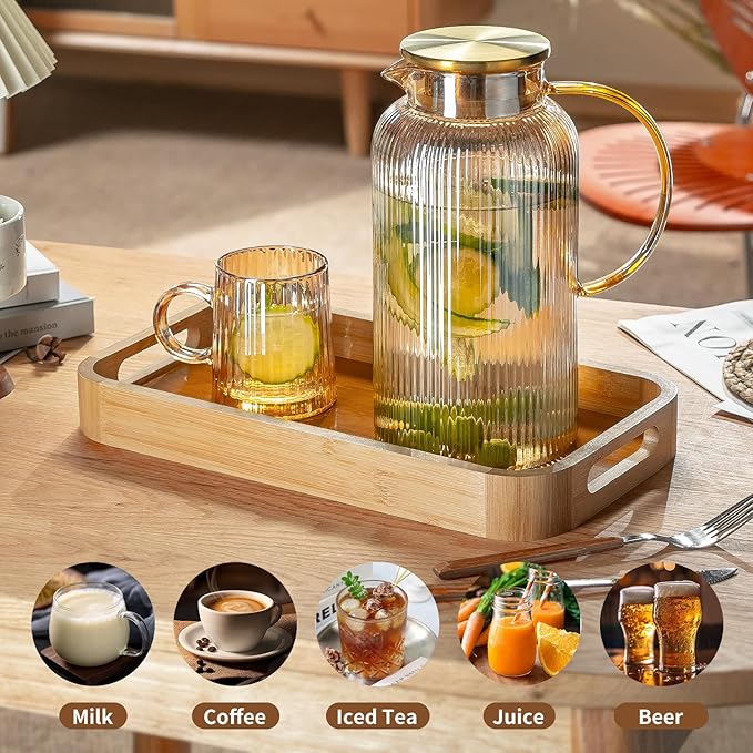 Buaic 2 PACK Glass Pitcher with Lid, 68 oz/ 2 Liter Amber Classic Vertical Stripes Water Pitcher,Glass Water Carafe for Cold Brew, Coffee, Lemonade, Iced Tea,Beverage, Heat Resistant Water Glass Jug