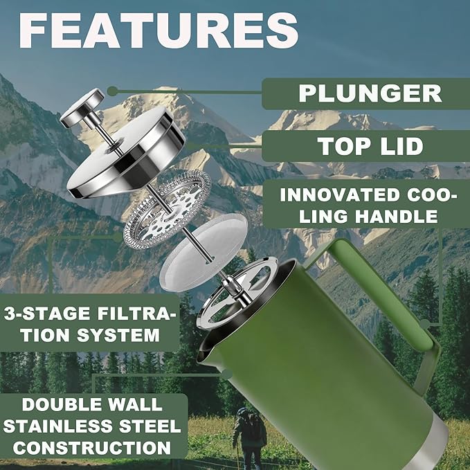 Stainless Steel French Press Coffee Maker 21OZ, 600ml Coffee Press Tea Press for Personal, Office, Travel,Camping (Green, 1-3 Cups)