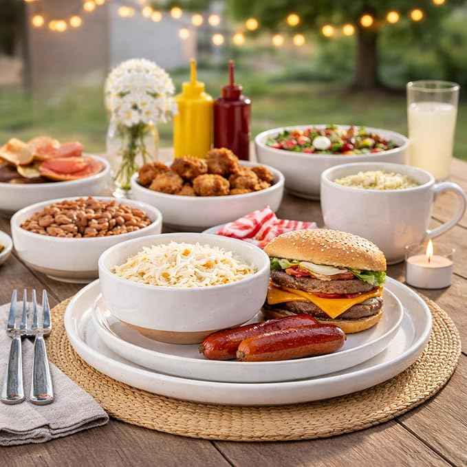AmorArc Ceramic Dinnerware Sets for 8, 24 Pieces Handpainted Plates and Bowls Set with Rustic Terracotta Underside, Scratch Resistant Stoneware Dishes Set, Dishwasher & Microwave Safe, White