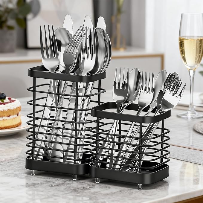 Utensil Holder, Stainless Steel Utensil Drying Rack for Kitchen Counter, Silverware Cutlery Flatware Holder Forks, Knives, Spoons, Chopsticks Organizer (Black)