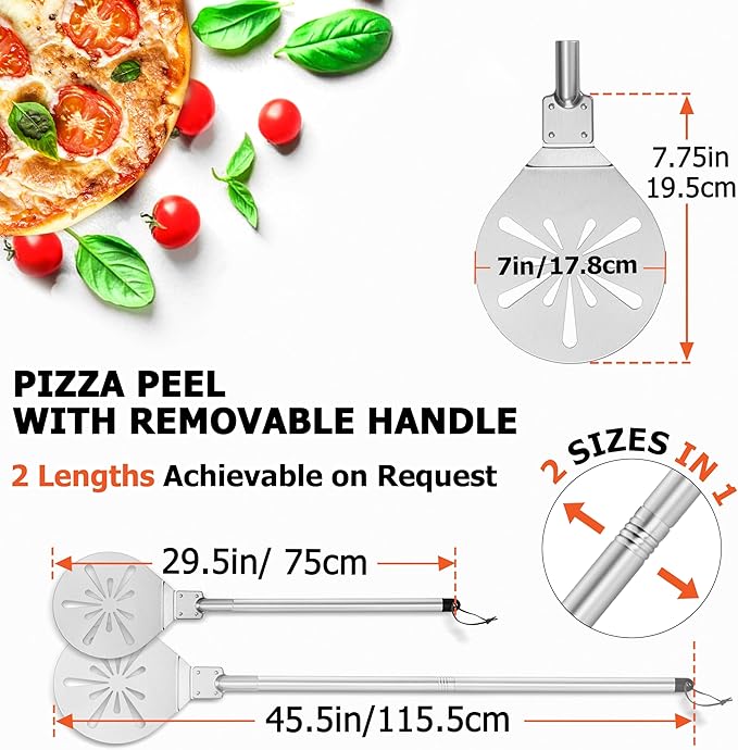 7 Inch Pizza Peel Turning, Joyfair Perforated Pizza Turner with Long Detachable Handle, Stainless Steel Spatula Paddle for Rotating Sliding, Metal Tools Oven Accessories, Easy Cleanup (SS Handle)