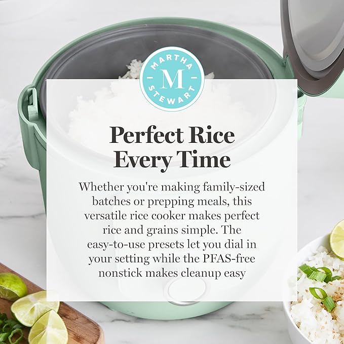 Martha Stewart Rice Cooker, 4 Cup (Uncooked) / 8 Cup (Cooked), Ceramic Non-Stick Removable Pot, Keep Warm, Measure Markings, Steam Basket, Brown & Sushi Rice, Quick Cook, Quinoa, Grains, Oats, Honeydew Green