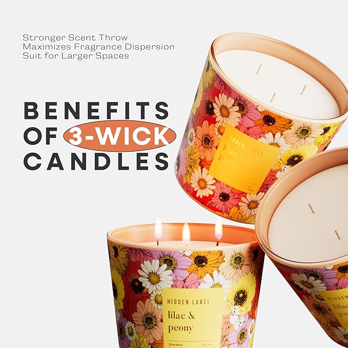 Lilac & Peony Scented Candle, 30oz Large 3 Wick Soy Candle for Home, 100 Hours Long Burning Highly Scented Candles, Luxury Glass Jar Candle, Gifts for Women, Mother's Day, Home Decor