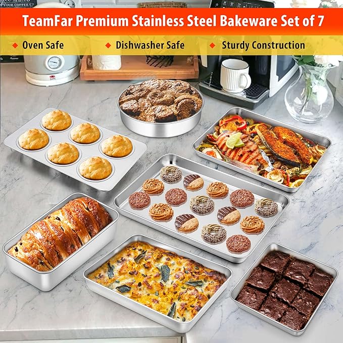 TeamFar Bakeware Sets of 7, Stainless Steel Bakeware Sets for Oven, Baking Sheet & Toaster Oven Pan, Square & Round Cake Pan, Muffin Pan & Loaf Pan, Lasagna Pan, Healthy & Sturdy, Dishwasher Safe