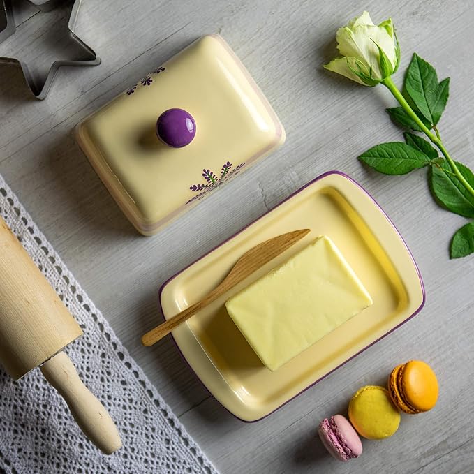 City to Cottage Large Butter Dish with Lid for Countertop, Ceramic Butter Keeper, Butter Container with Knob Handle, Butter Holder Tray with Cover, Handcrafted Cream Lavender Floral Butter Dish