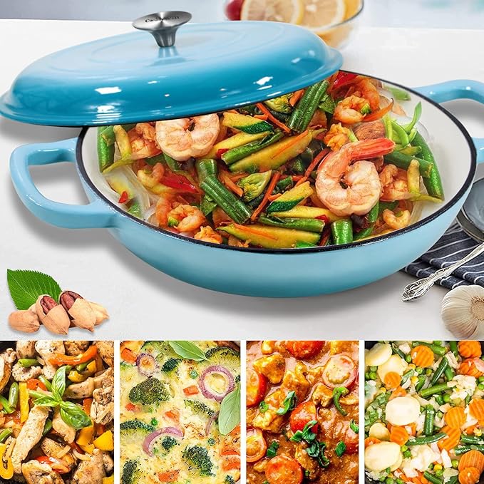 COOKWIN Cast Iron Casserole Braiser, 3.8 Quart,Heavy Duty Casserole Skillet with Lid and Dual Handles, Porcelain Enameled Surface Cookware Pot, Mother's Day Gifts for Family Light Blue