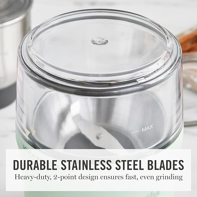 Martha Stewart Electric Coffee & Spice Grinder, Dual 2.5oz Removable Bowls, Storage Lids, Stainless Steel Blades, One Touch Pulse Control, 2-in-1 Compact, Beans & Spices, Herbs & Nuts, Honeydew Green
