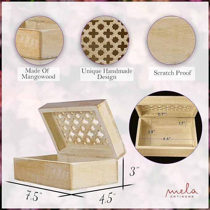 Mela Artisans Trellis Mango Wood Decorative Storage Box – Hand-Carved Wooden Jewelry Box for Keepsakes, Accessories & Home Decor – Whitewash, Medium, 7.5 x 4.5 x 3