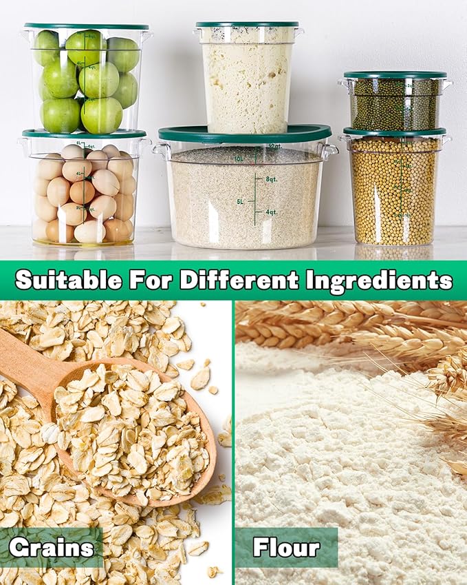 12QT NSF Food Storage Containers: 8 PCS [Food Grade][Hot&Cold Resistant] Commercial Clear Round Food Storage Containers with Scales Handles for Home Restaurant Kitchen Proof Dough(GREEN N)