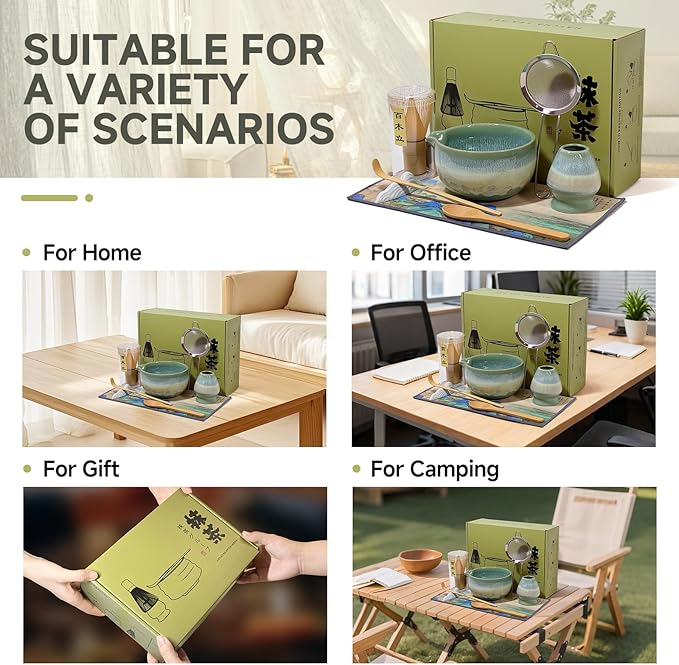 Matcha Whisk Set with Ceramic Bowl - Bamboo Whisk (Chasen), Scoop, Sifter & Holder - Complete Kit for Traditional Matcha Tea - Unique Gifts for Women, Men, Tea Lovers (Green)