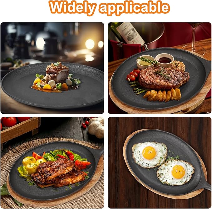 Fajita Skillet,Cast Iron Plates for Home Party Eating，Sizzler Plates With Wooden Base And Handle Cover,Cast Iron Skillet Set，Steak Plates for Home Party Eating