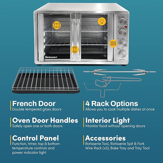 Elite Gourmet ETO4510MX French Door 47.5Qt, 18-Slice Convection Oven 4-Control Knobs, Bake Broil Toast Rotisserie Keep Warm, Includes 2 x 14" Pizza Racks, Stainless Steel
