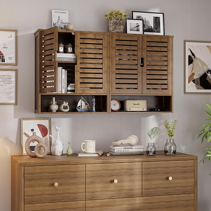 SMIBUY Bathroom Cabinet Wall Mounted, Bamboo Over-The-Toilet Storage Organizer, Space Saver Medicine Cabinet with 2 Door and Adjustable Shelves (Walnut)