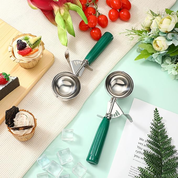 Reallnaive 4 Pcs Release Cookie Scoops Ice Cream Scooper with Trigger Release Portion Scoop Stainless Steel for Portion Control, Baking Food, Cookie Dough (3.25 oz,Green)
