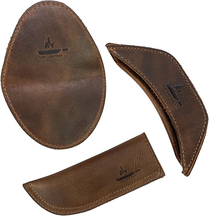 Set of 3 Rustic Hot Handle Holders, Panhandle, Side Kick & Grip Mitt, Assist Grip for Cast Iron Skillets & Pans, Full Grain Leather, Handmade, Bourbon Brown