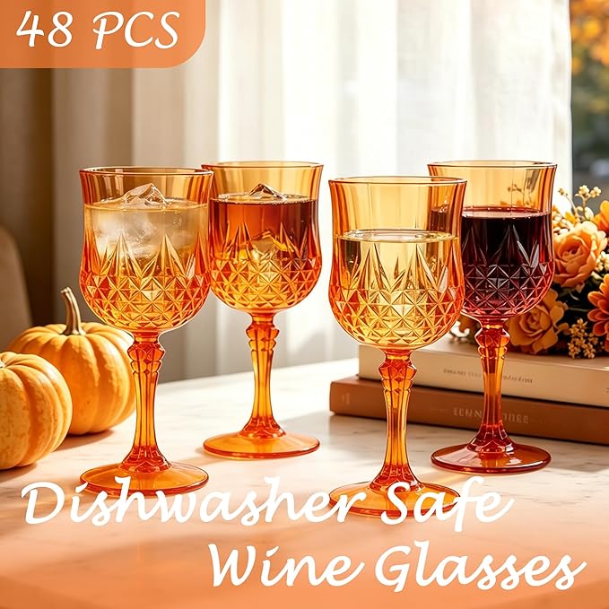 Plastic Wine Glasses, Plastic Goblets Vintage Style Cordial Unbreakable Drinking Glasses, Reusable Drinkware for Wedding Reception, Grand Event Party Supplies (48, Pumpkin orange)