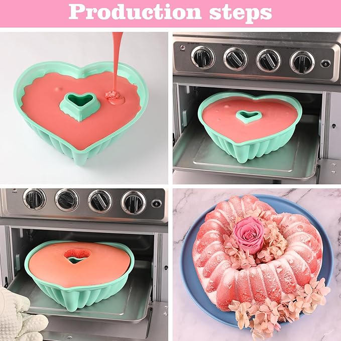 HUAKENER 2 Pack Heart Fluted Cake Pan, 9 Inch Heart Cake Molds, Nonstick Silicone Cake Molds