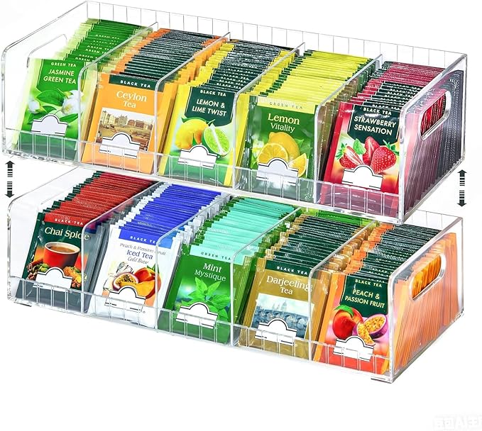 Acrylic Tea Bag Organizer with Adjustable Dividers, 2 Tier Tea Bag Holder Stackable & Wall Mount Storage Box, Custom Compartments Fit All Size Tea Bags for Drawer, Cabinet, Countertop Organization